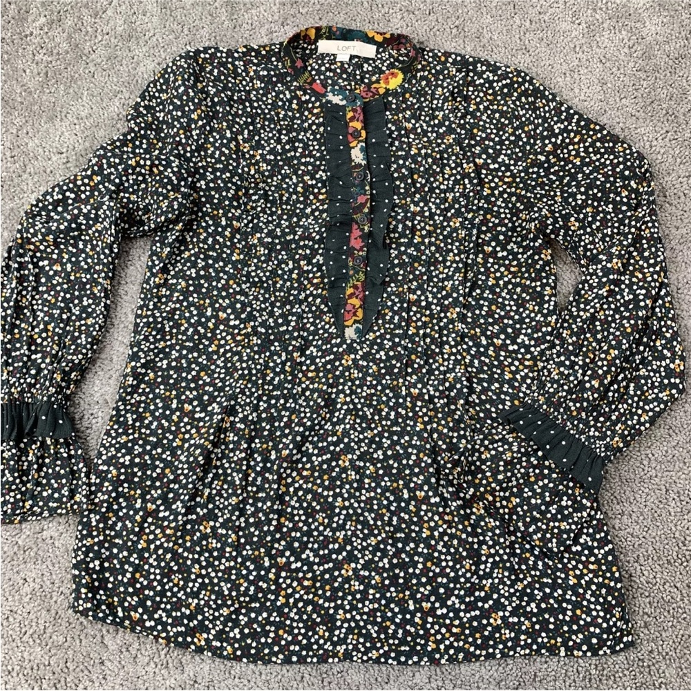 Ann Taylor LOFT Popover Black & Gray Buttoned Blouse w/ Mandarin Collar